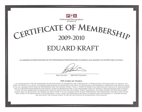 Professional Photographers of America certificate